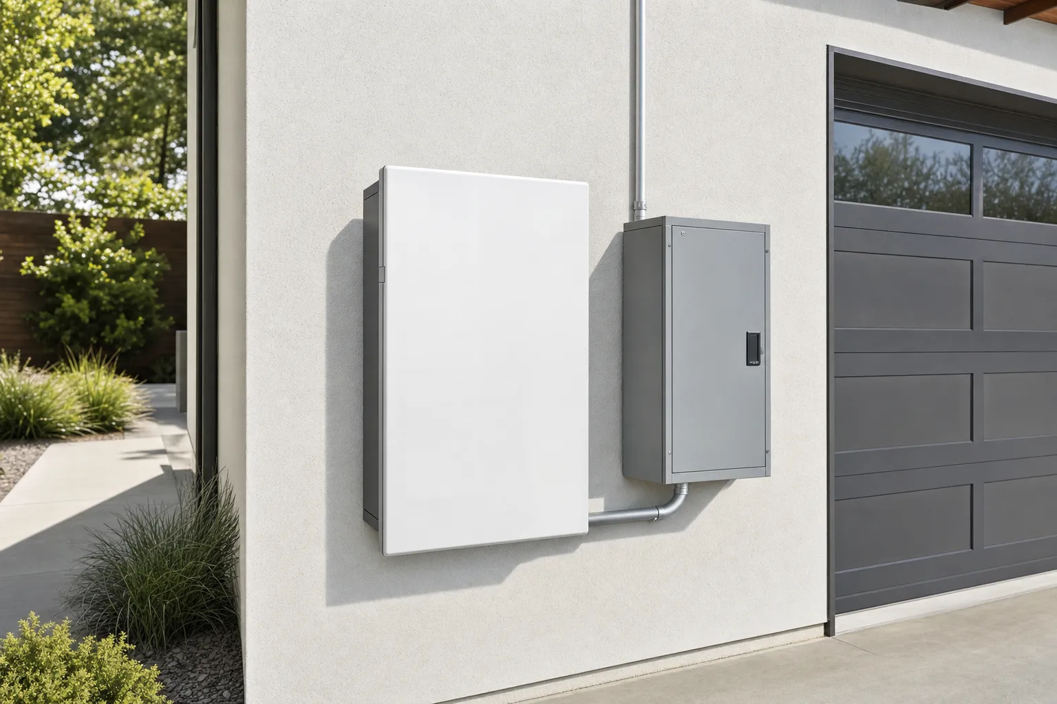 Home battery storage on garage wall